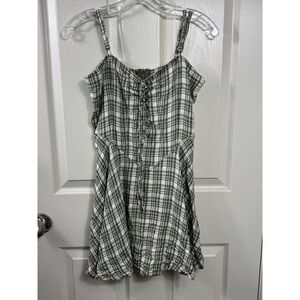 Self E Women L Plaid‎ Mini Dress Lace Up Front Sleeveless Skatercore Green White